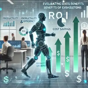 An informative, professional image representing the return on investment (ROI) of exoskeletons in business.